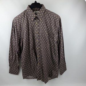 Les Olivades Cotton Button Down Casual Long Sleeve Shirt Large Brown With Design